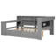 Lit plateforme double en bois avec tablettes de rangement, tiroirs, chargement USB, DEL, bureau et tête de lit tapissier, coussin gris et gris-2043550052