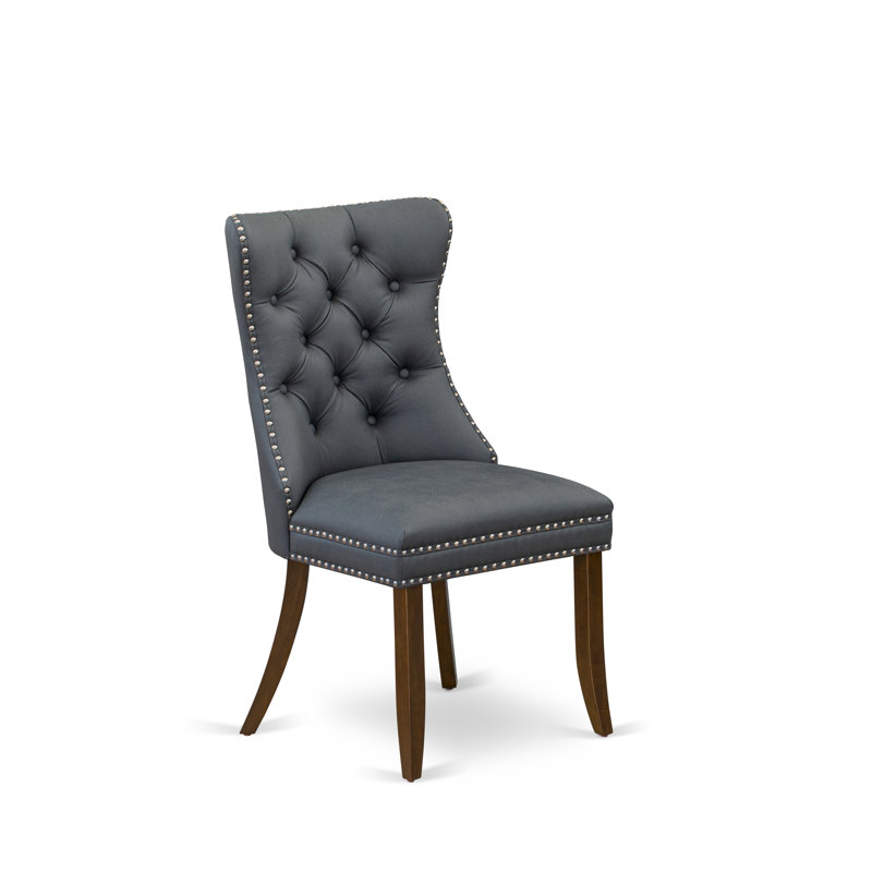 Chaises de cuisine rembourrées de style Mid-Century avec tissu en polyester gris platine, dossier capitonné et poignée à tirer, garniture cloutée, chaises de salle à manger Parson, pieds en bois massif, ensemble de 2, espresso