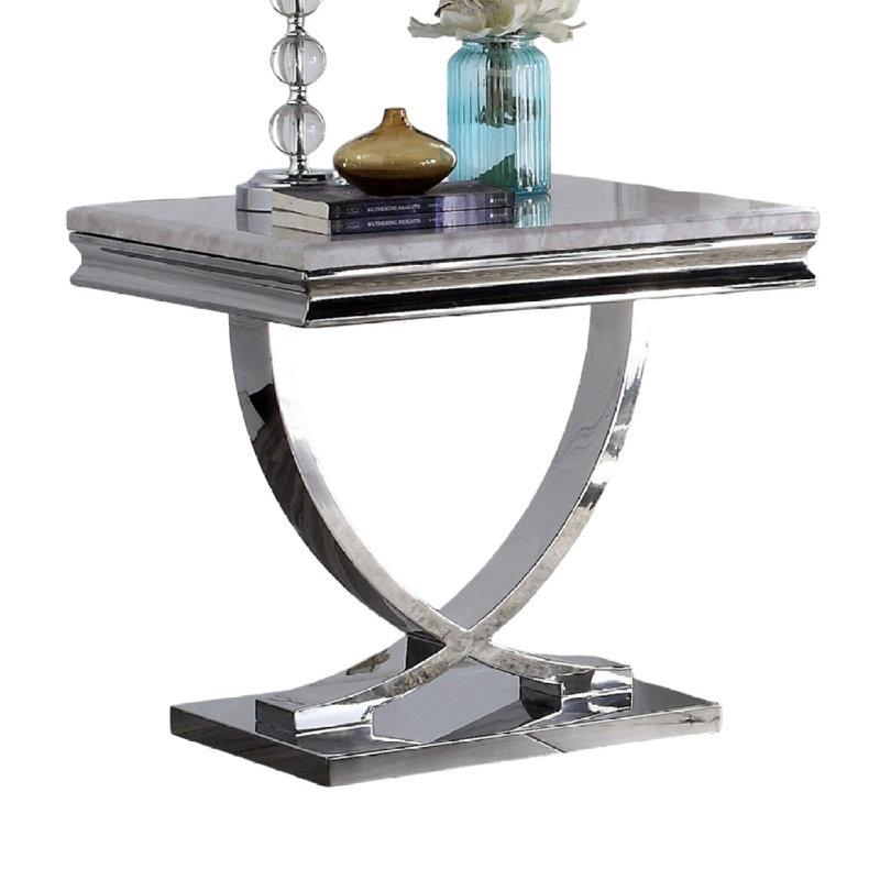 Table de bout 1Pc de style moderne glam 18mm en faux marbre sur la base de la base en acier inoxydable avec structure en métal et finition chromée - non incluse