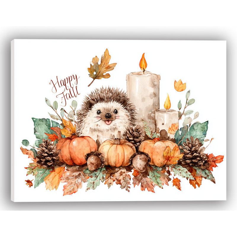 «Happy Fall Hedgehog with Autumn Pumpkins», art mural sur toile tendue