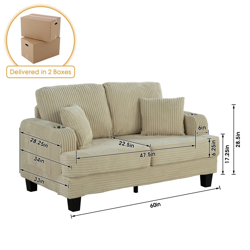 Causeuse d'appoint 60 po, Velours côtelé beige