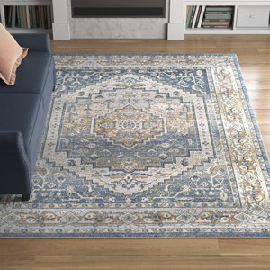 Kinzel Machine Washable Oriental Blue/Mustard Area Rug