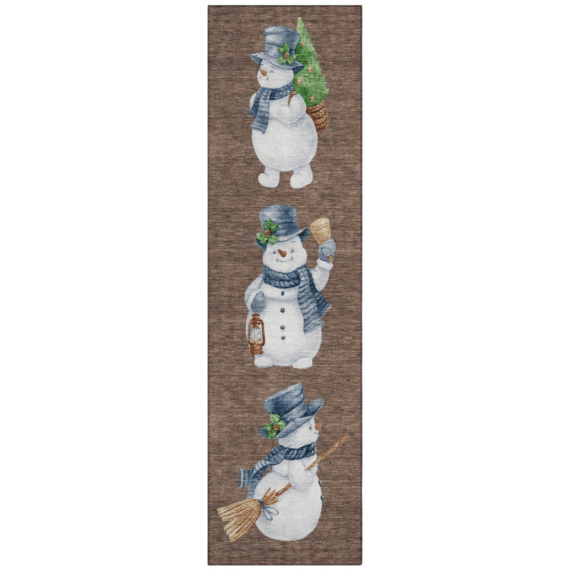 Machine Washable Indoor/Outdoor Christmas Snowman Xhevrie Brown Rug, Runner 2'3" x 7'6"