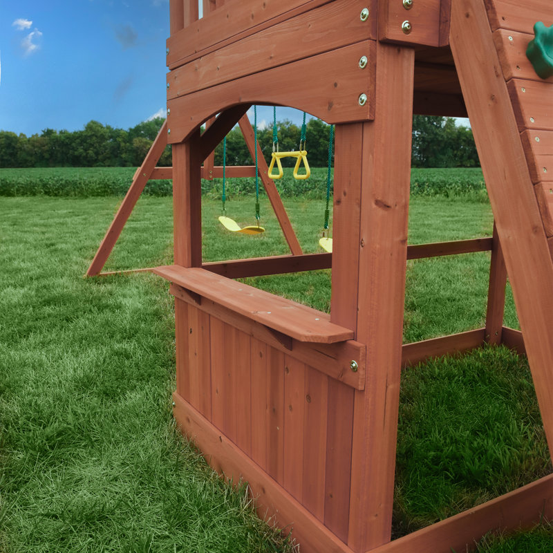 Atlantis Cedar Wood Swing Set with Green Slide and Clubhouse