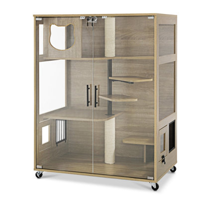 Maison pour chat en bois avec poteaux à griffer, grande maisonnette pour chat avec roues verrouillables et porte de secours