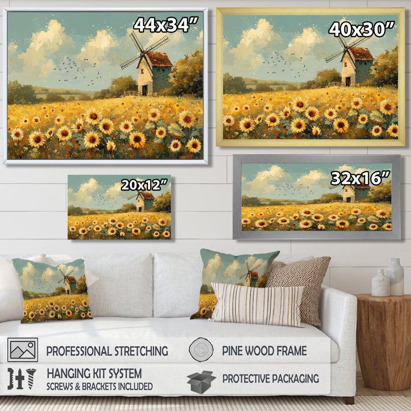 Drelon tournesols au moulin à vent en été I - tournesols, art mural, Reproduction encadrée d'une seule photo