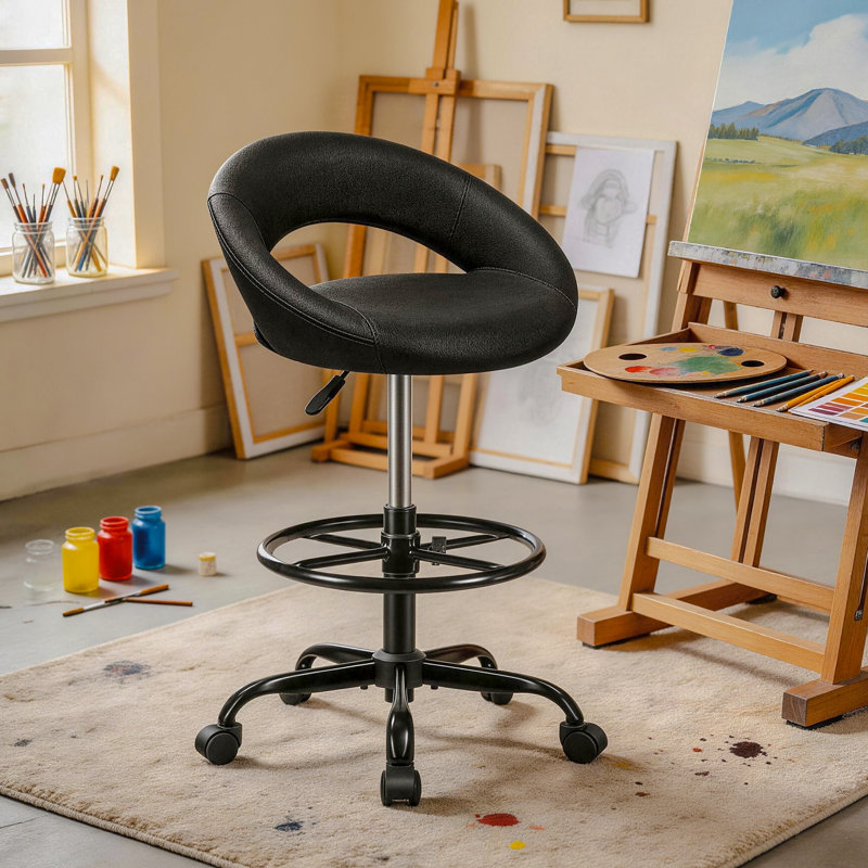 Chaise de dessinateur à hauteur réglable avec anneau de pied réglable et dossier courbé, Noir