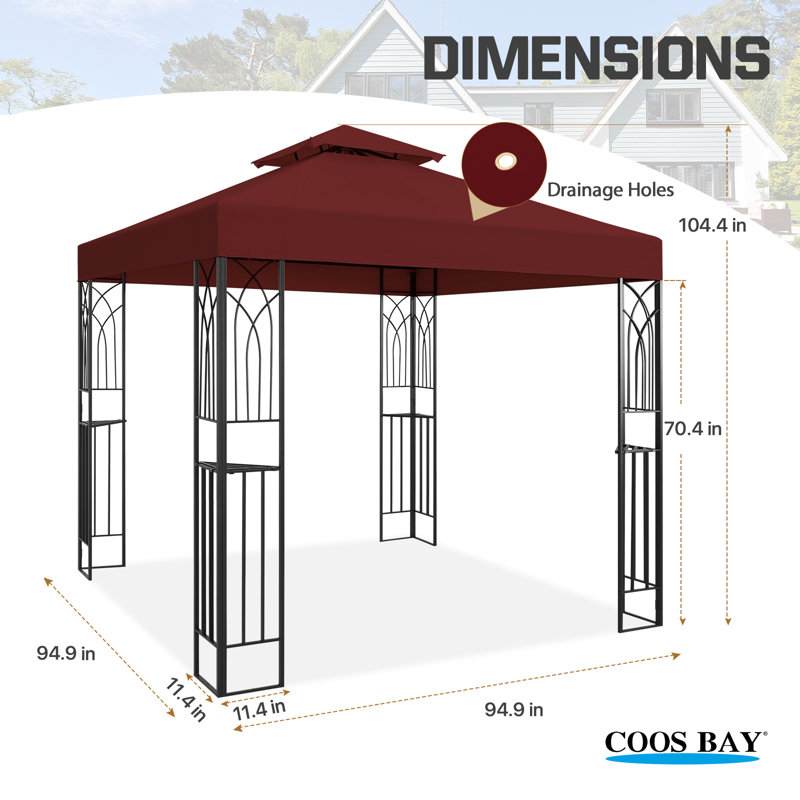 8x8 Red Metal Patio Gazebo with Corner Shelves