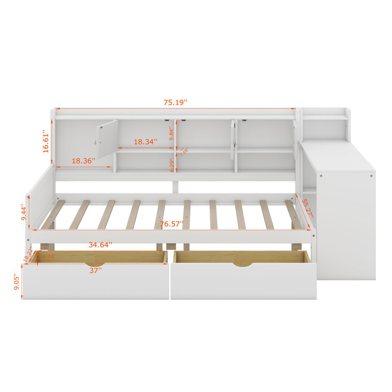 Wooden L-Shape Daybed With Cabinets And Drawers, Desk And Built-In Bookshelf, White