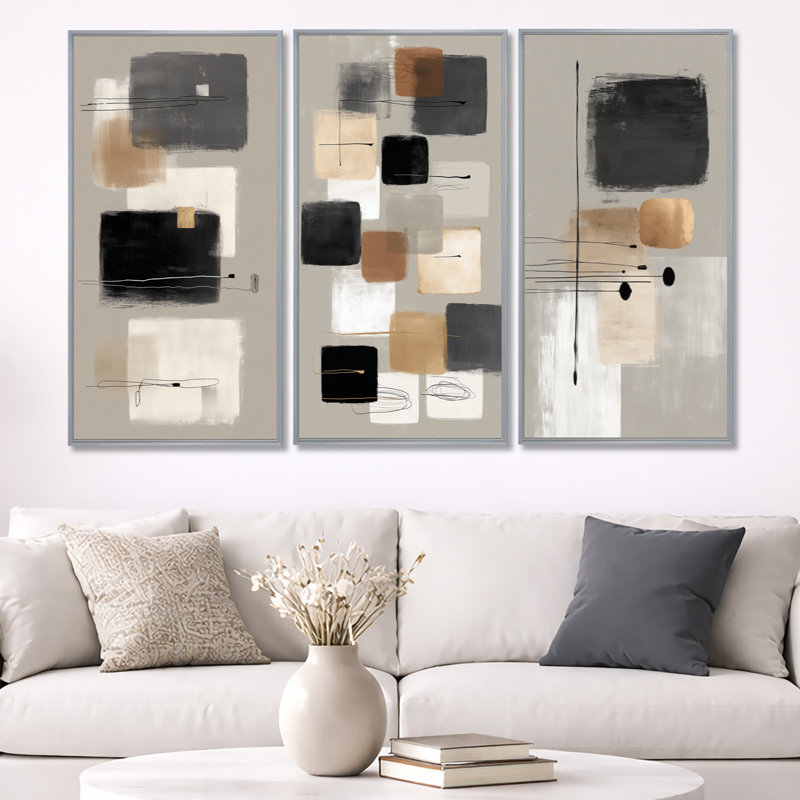 Formes noires avec minimalisme gris, mélange abstrait II - ensemble de 3 reproductions d'art sur toile, H 40 po x l 60 po