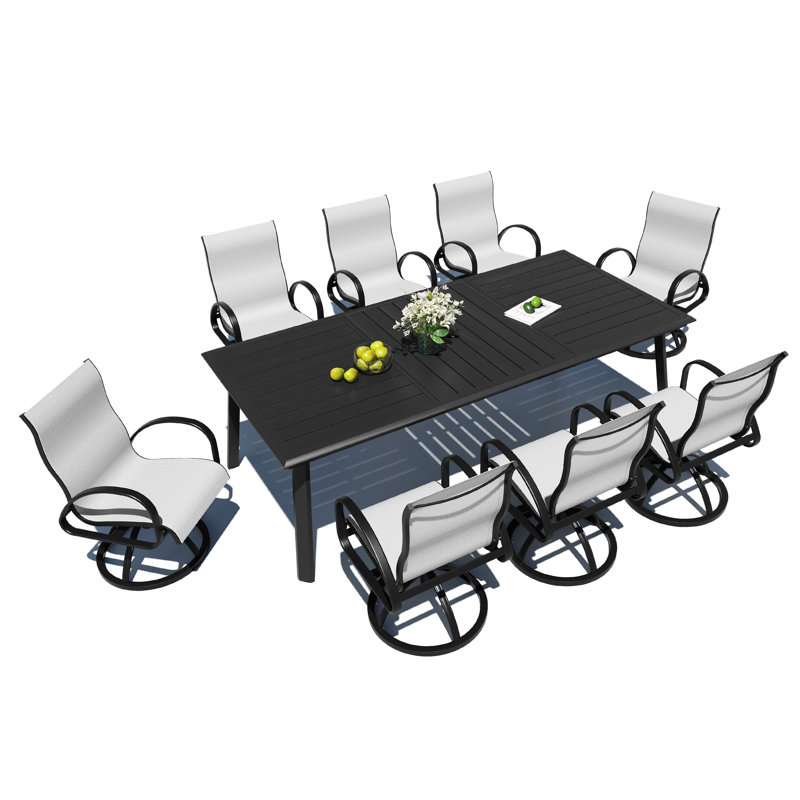 8 - Person Aluminum Outdoor Dining Dining Set With Sunbrella Swivel Rocking Dining Armchairs, Augustine Oyster