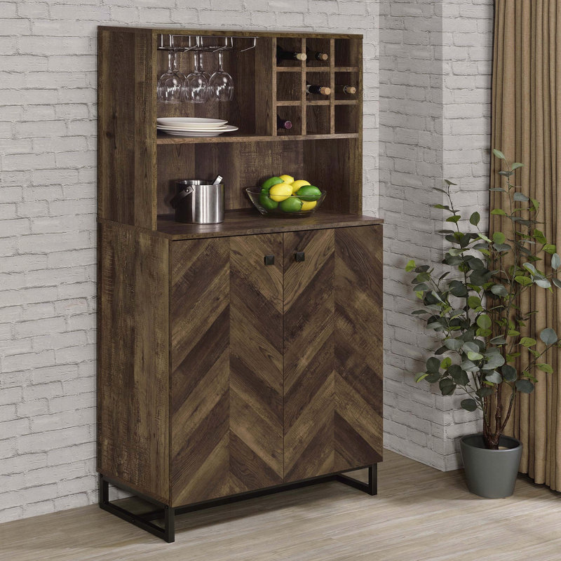 Rustic Oak Wine Cabinet with Herringbone Front and Stemware Rack