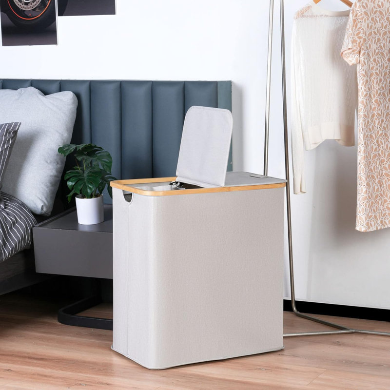 Laundry Hamper With Lid, Double Laundry Hamper With 2 Removable Bags, 2 Section Laundry Basket With Bamboo Handles For Bathroom, Bedroom & Laundry Room, 140L (36.9 Gallon) Light Grey