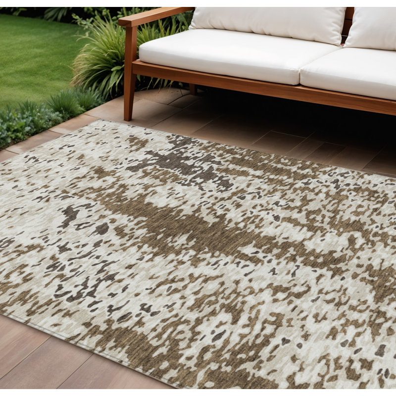 Tapis extérieur lavable abstrait brun et ivoire 10 pi x 14 pi