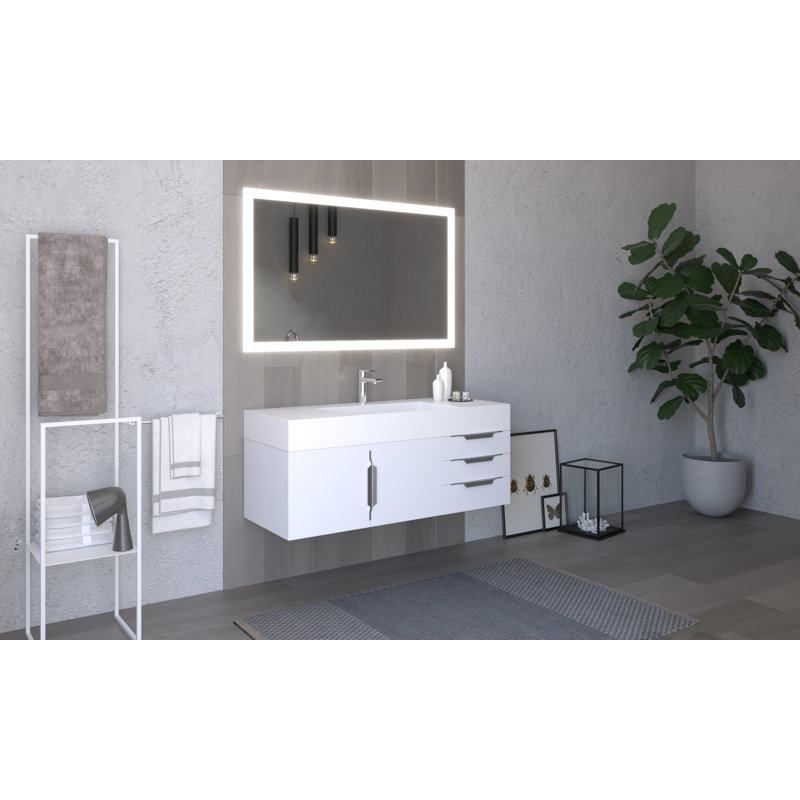 Meuble-lavabo mural simple 48 po avec comptoir à surface solide 48 po, Blanc, Blanc, Chrome