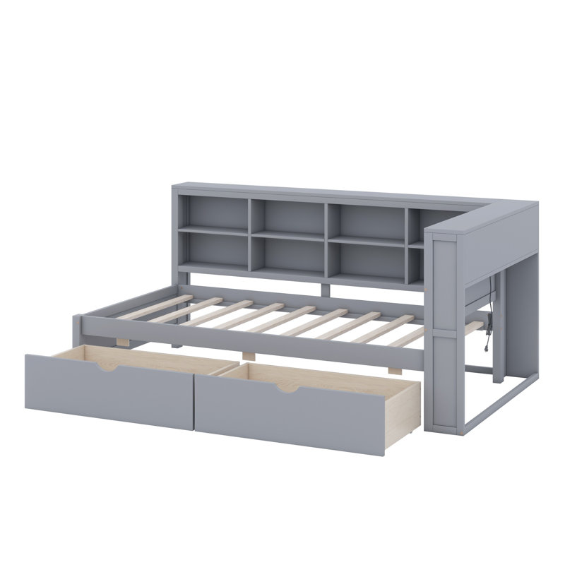 Daybed With Drawers,Shelf And USB Charging Ports, Gray