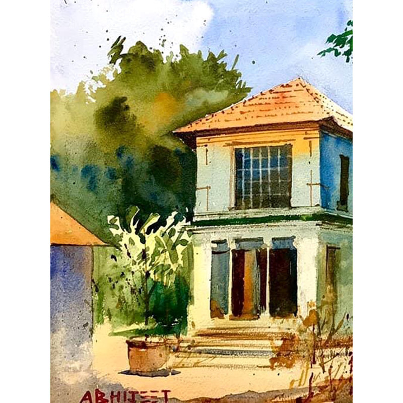 Une demeure indienne du Sud | Aquarelle sur papier | Par Abhijeet Bahadure