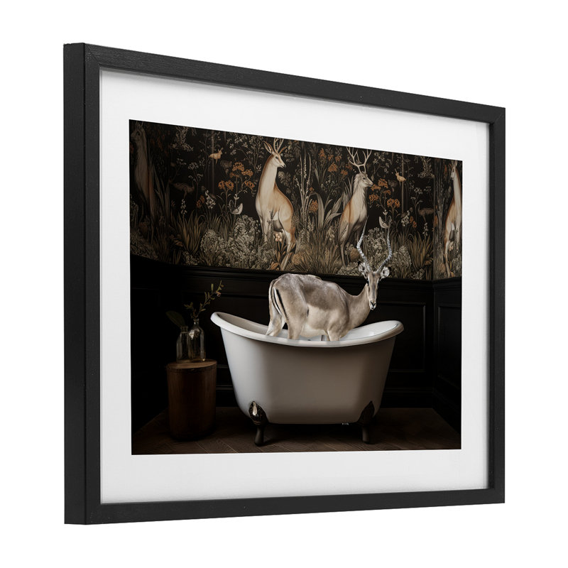 «Forest Elk Rustic Bath Time», reproduction encadrée sous verre, conception de Sasha, H 17 po x l 23 po, Cadre noir minuit