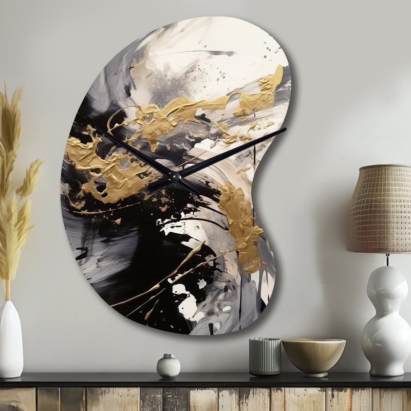 Or et gris fluides Fusion IV - Horloge murale moderne en forme unique, impression d'horloge murale de forme libre, Petit