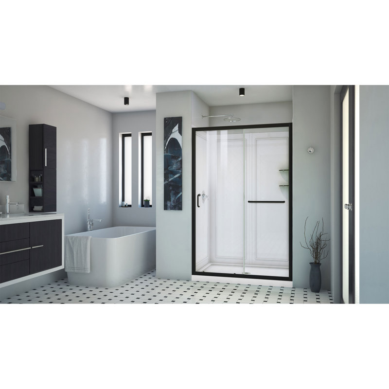Ensemble de douche rectangulaire coulissante sans cadre l 48 po x H 76,75 po Infinity-Z avec base incluse, Noir mat