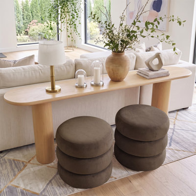 Ensemble de console 70 po en chêne avec 2 repose-pieds ronds rembourrés