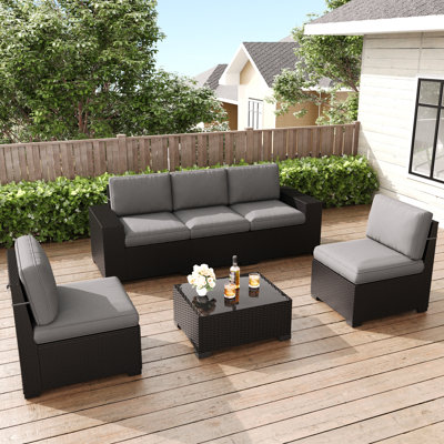  6 Pieces Patio Furniture Set, Black Rattan Modular Sectional Outdoor Conversation Sofa Set