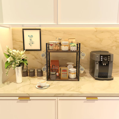 Accessoires de bar à café double couche et supports de rangement, porte-gobelets multifonctionnels avec 12 crochets, supports de rangement pour station de café en bois, tablettes de comptoir de cuisine