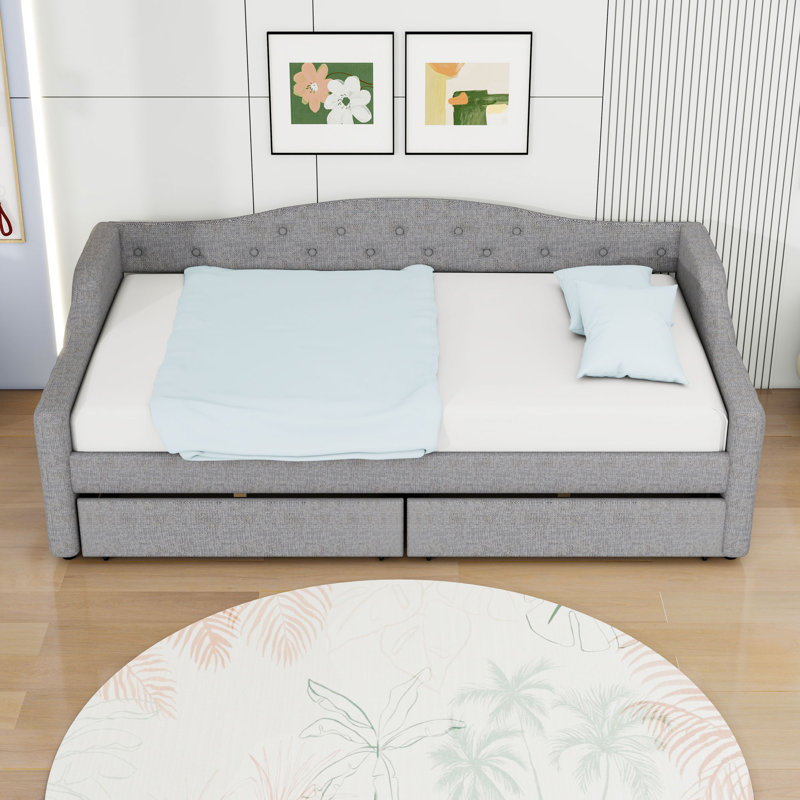 Twin XL 2 Drawers Upholstered Daybed with LED Belt, Grey