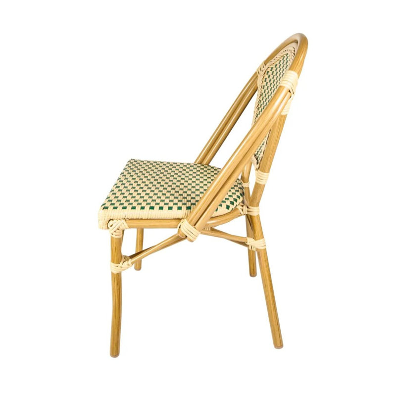 Beige and Green Rattan Armless Bistro Chair with Aluminum Legs