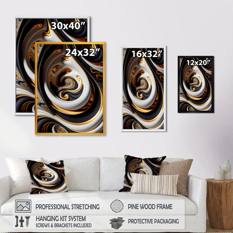 Or et noir vitrail spirale IV - reproduction sur toile, H 20 po x l 12 po x P 1 po, Toile avec cadre flottant or