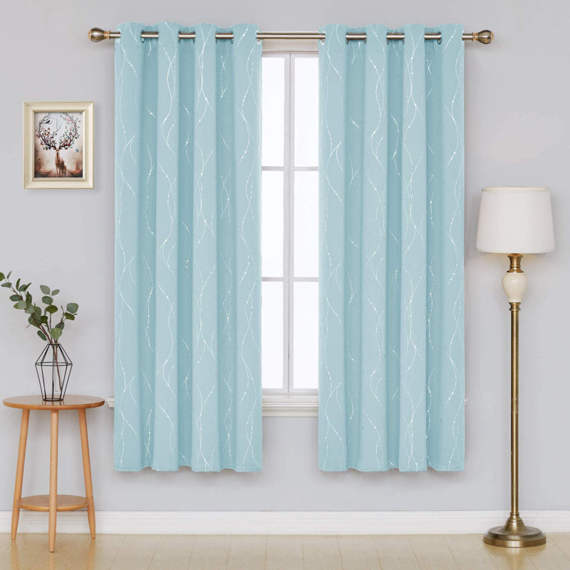 Senath Dotted Line Foil Printed Room Darkening Thermal Curtains, 117cm W x 138cm D, Baby Blue