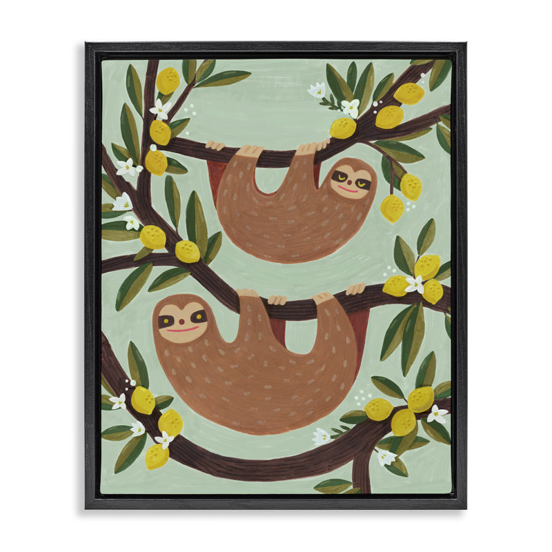  «Sloths on Lemon Tree Branches», art mural encadré sur toile flottante par Irene Chan, Cadre flottant noir de jais