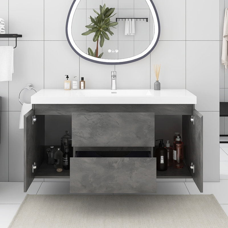 Ensemble de meuble-lavabo mural 48 po avec plateau intégré en résine, Gris pierre