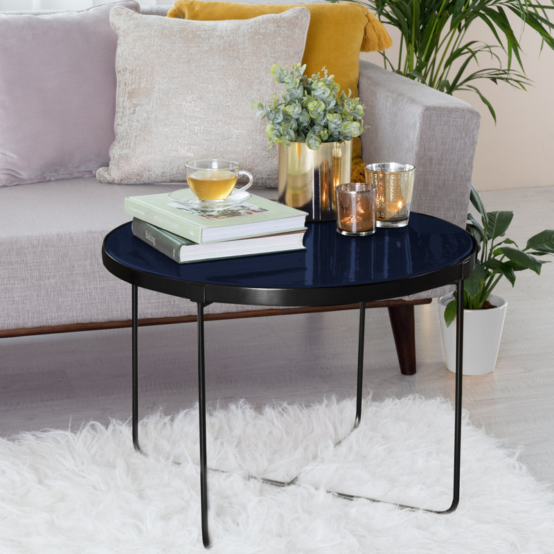 Finch 28'' Round Blue Wood Coffee Table with Black Metal Base