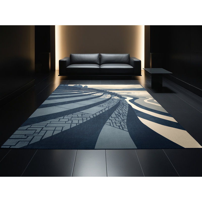 Machine Washable Orkan Varanasi Ghats Global Inspired Block Print Rug in Gray – Navy Binding, 2x5