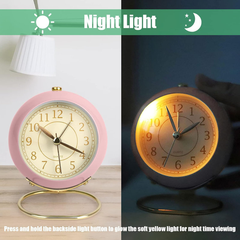 Small Table Clocks, Classic Non-Ticking Tabletop Alarm Clock With Backlight, Battery Operated Desk Astronaut Clock With HD Glass(Pink)