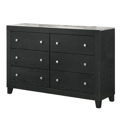 Commode contemporaine à 6 tiroirs en faux marbre blanc contemporain avec finition noire, parfaite pour le rangement élégant et fonctionnel de la chambre à coucher.