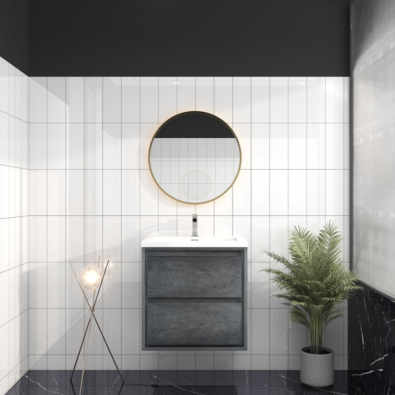 Meuble-lavabo mural 24 po Jack en chêne teck avec lavabo en acrylique renforcé Jack, Chêne fumé