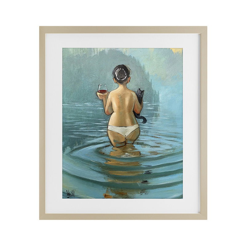 «Cat & Wine Dip At Twilight», reproduction encadrée sous verre, design par Ronald West, H 16 po x l 13 po