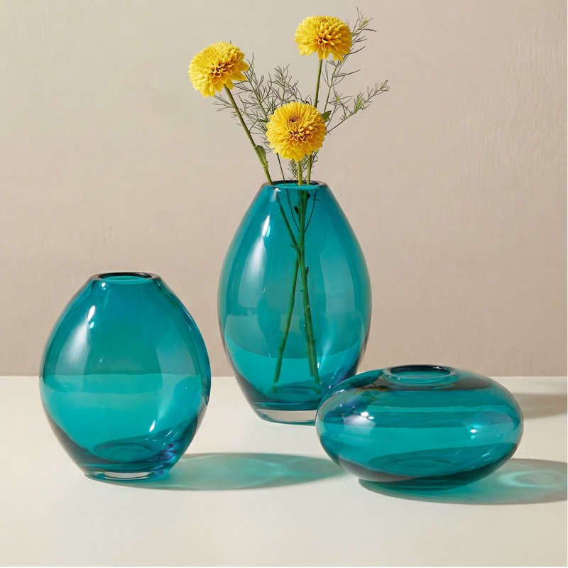 Cecile 3-Piece Hand-Blown Glass Vase Set (Teal), Teal