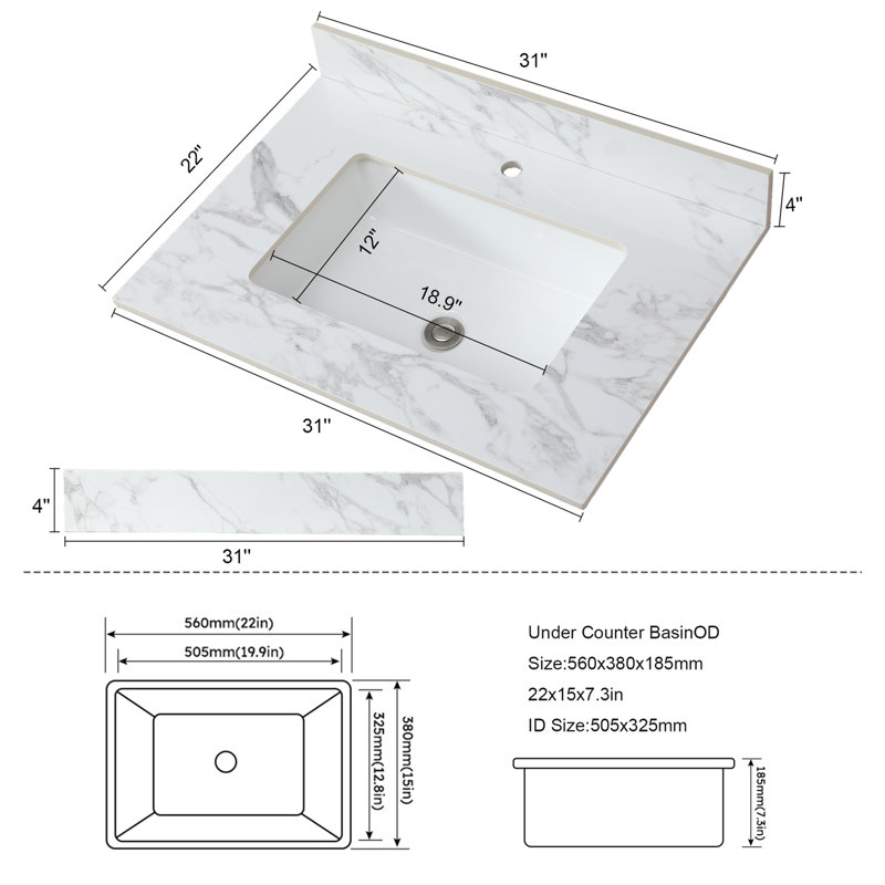 Plan de toilette de 79 x 56 cm (31 x 22 po), en pierre frittée blanche de Carrare, avec lavabo rectangulaire encastré en céramique et dosseret, pour robinetterie simple.