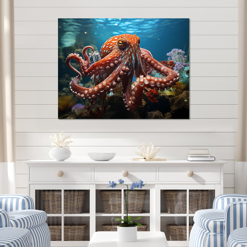 The Graceful Octopus - Décoration murale pieuvre, H 34 po x l 44 po x P 1,5 po, Toile tendue