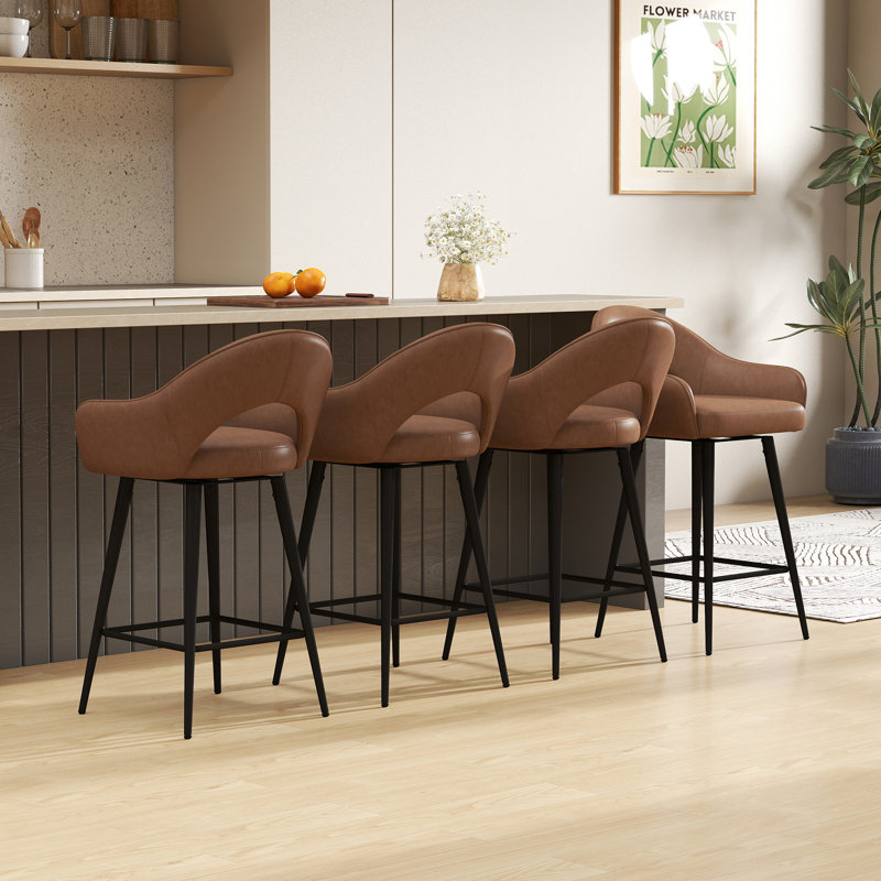 Swivel Upholstered Barstool With Footrest 27'' Counter Stool Faux Leather Height Bar Stool, Brown