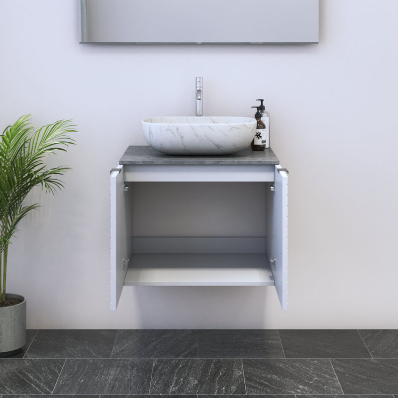 Meuble-lavabo simple 23,6 po avec dessus Kayben, Béton, Blanc