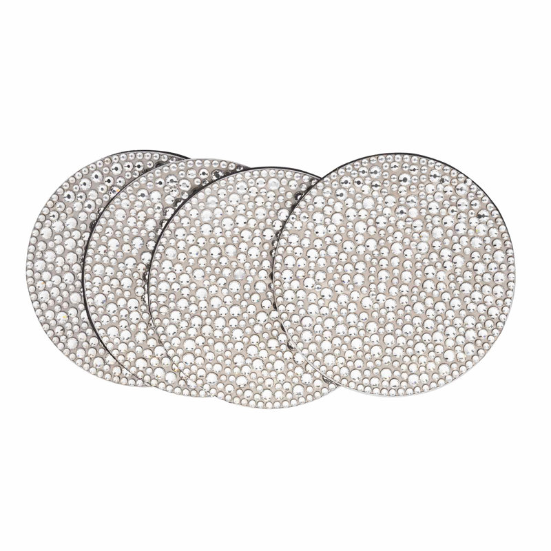 Silver Rhinestone Stainless Steel Coaster Set with Holder, 5"