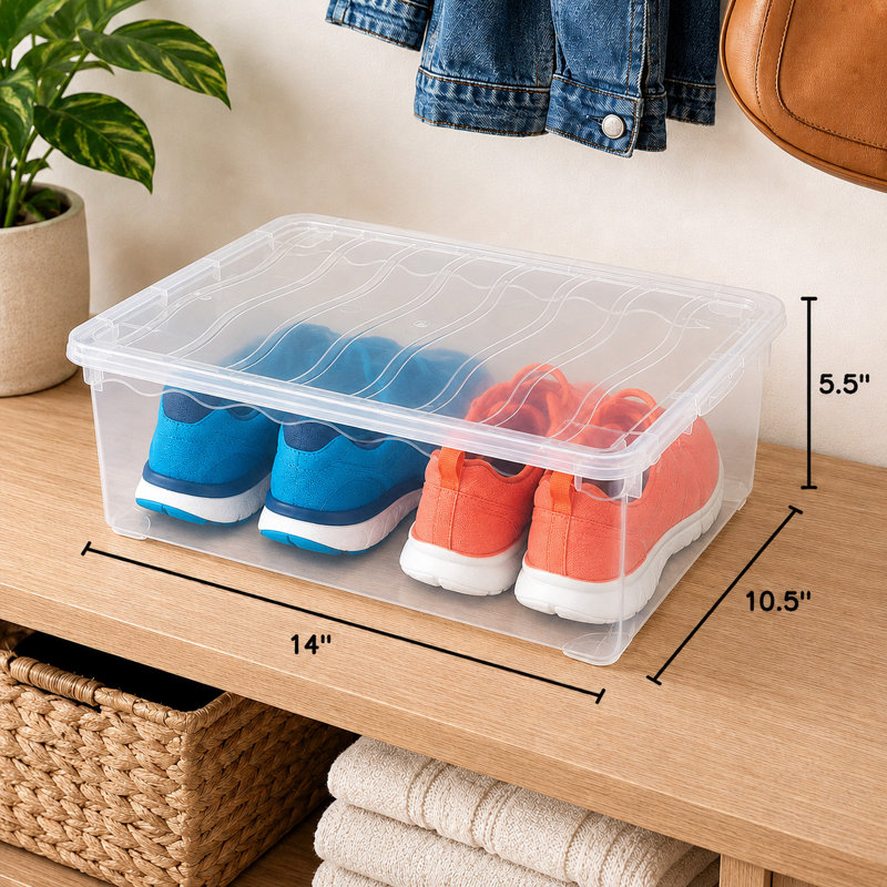 Basicwise Shoe Container – Clear 6 Quart Stackable Box with Lid, Small Plastic Bin for Shoes, Closet Organizer, Secure-Fit, See-Through, 10.5 x 14 x 5.5 in, White