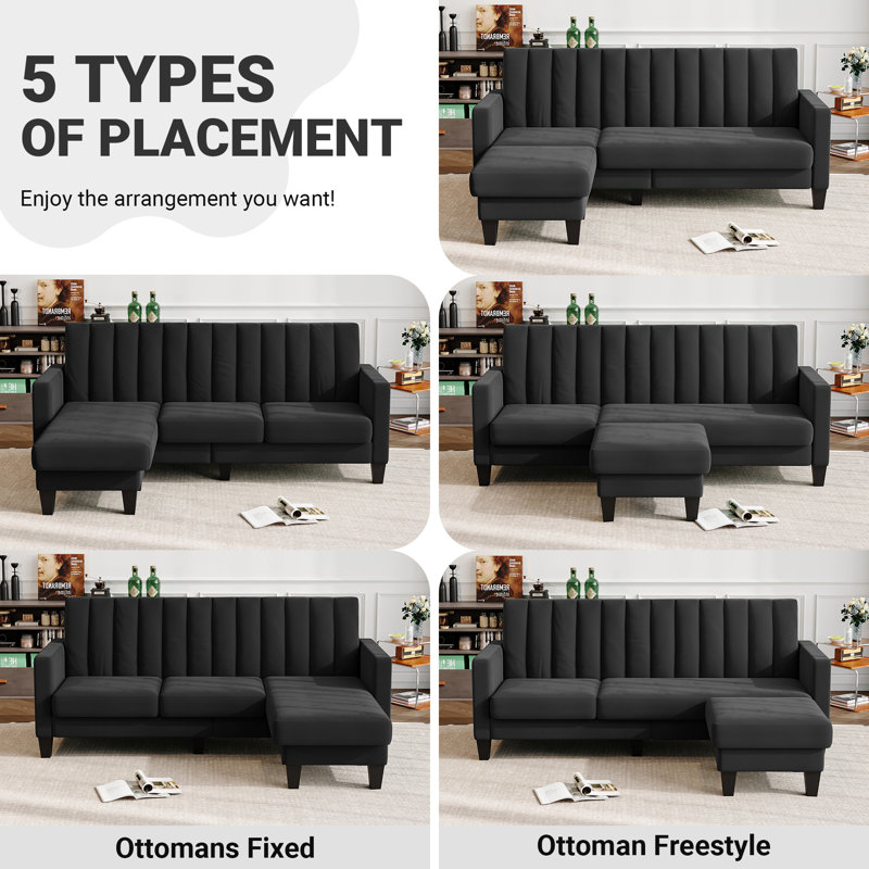 Canapé 3 places en velours moderne avec repose-pieds convertible, Velours noir