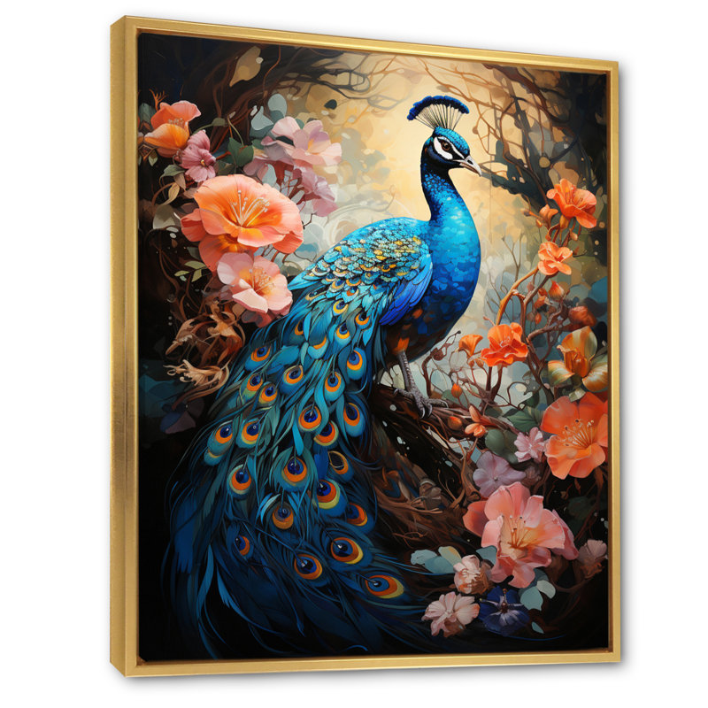 Wrinkle Peacock lumineux sur toile, H 44 po x l 34 po x P 1,5 po, Cadre flottant doré
