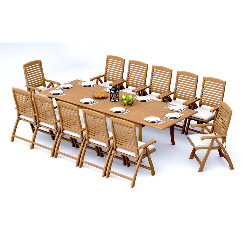  13 Pcs Grade-A Teak Wood Dining Set: 118" Double Extension Rectangle Table And  Ashely Folding Reclining Arm Chairs #11AS2412