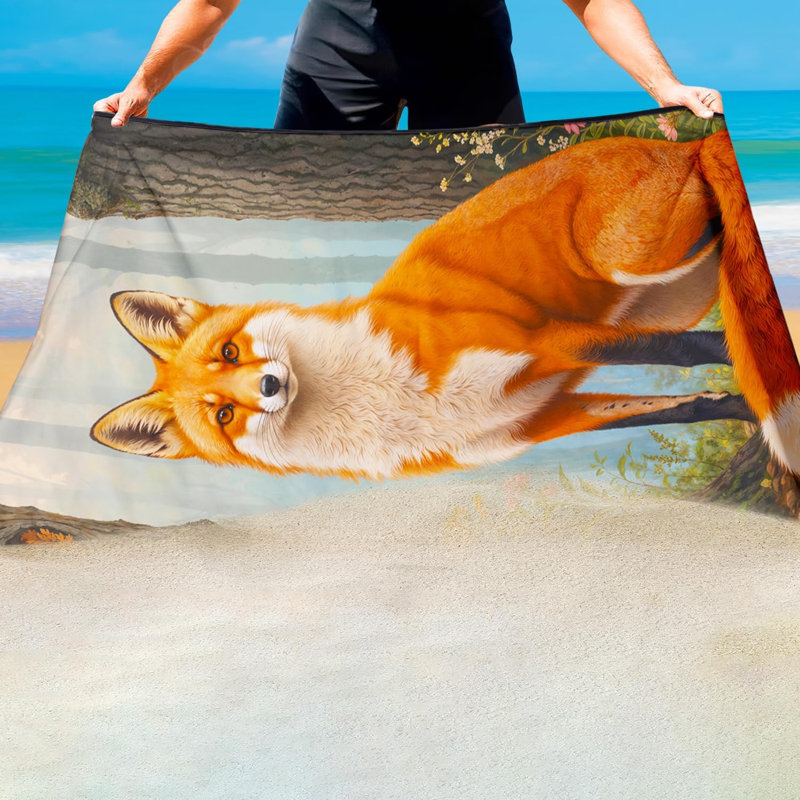 Red Fox Beach Towel Oversized 35" x 70", Misty Forest Animal Print, Thin Lightweight Sand Free Quick Dry Microfiber Towels for Beach Yoga Camping Travel